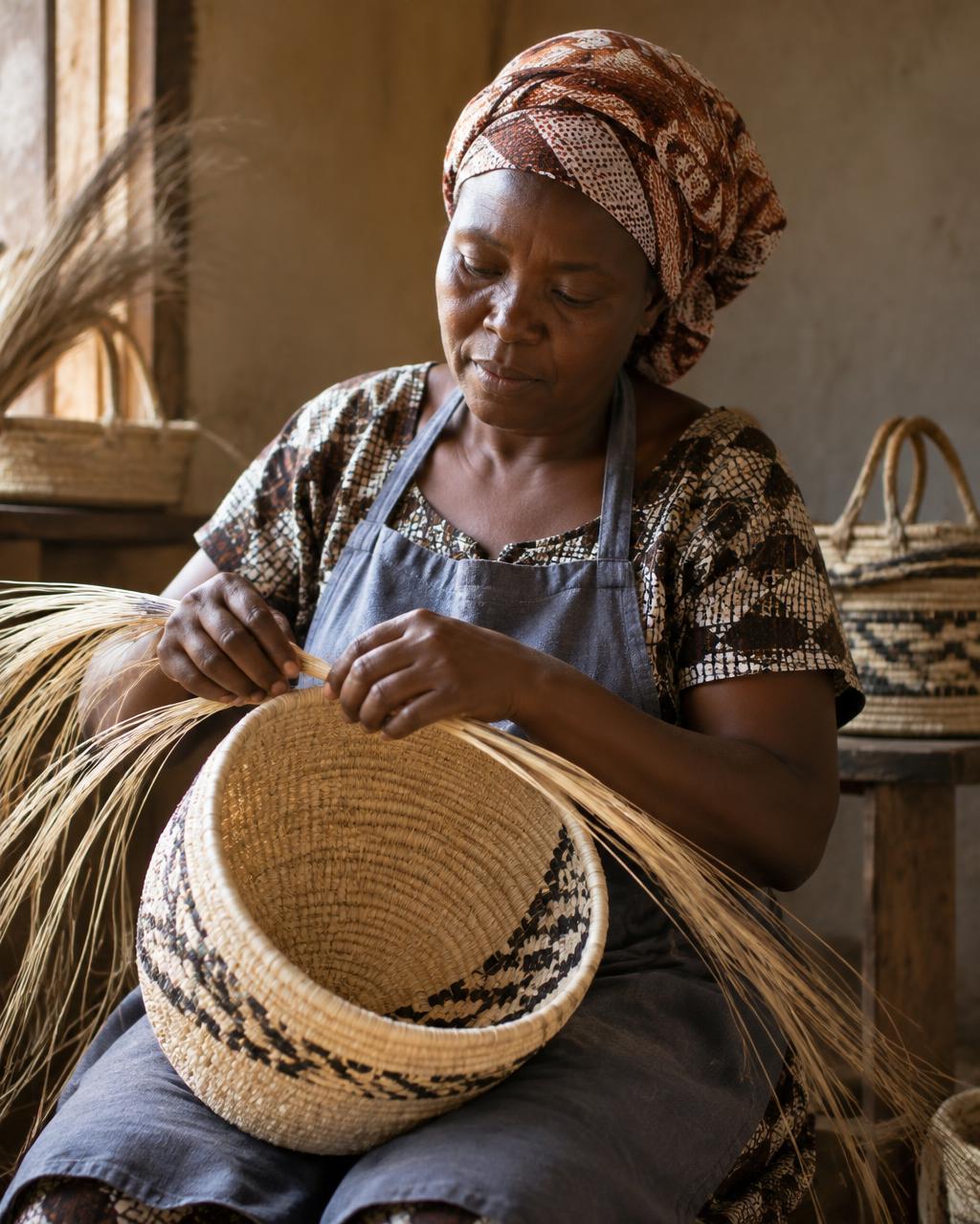 A Kenyan woman artisan weaving a sisal basket